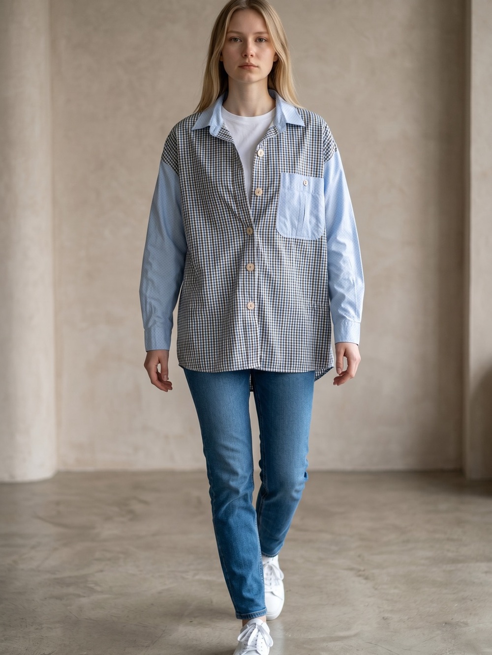 Free People Light Blue and White Checkered Button-Down Shirt